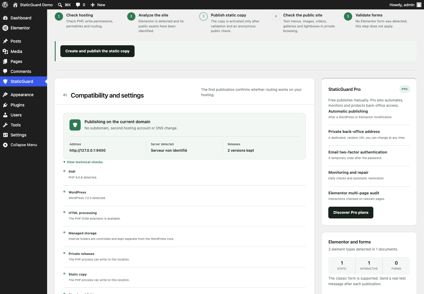 Elementor coverage, Free publishing settings and the separate Pro protections are presented without hiding what each edition includes.