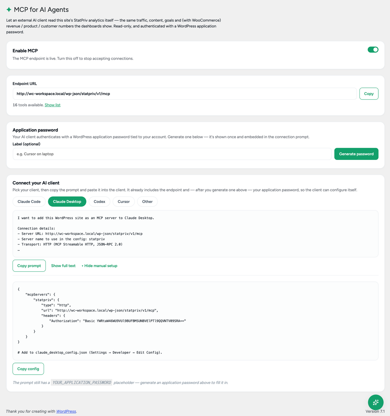 MCP for AI Agents — connect an external AI client with a generated application password