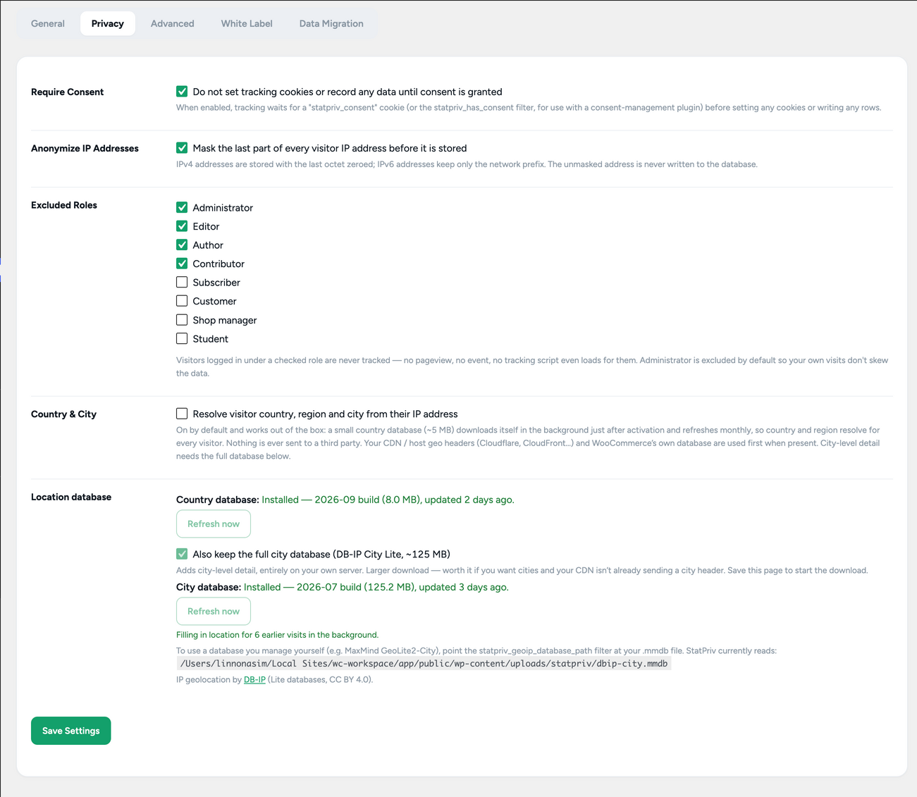 Settings — consent, IP anonymization, and data retention controls