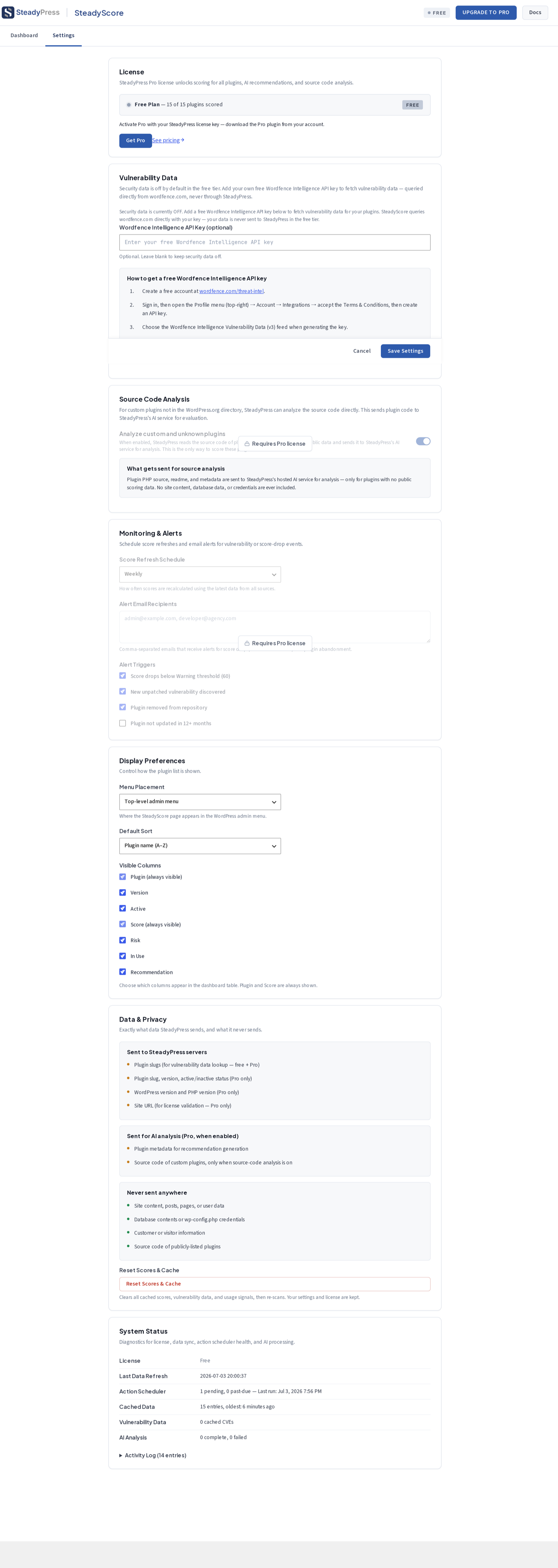 Settings — activate a Pro license, add a free Wordfence key, and tune monitoring.