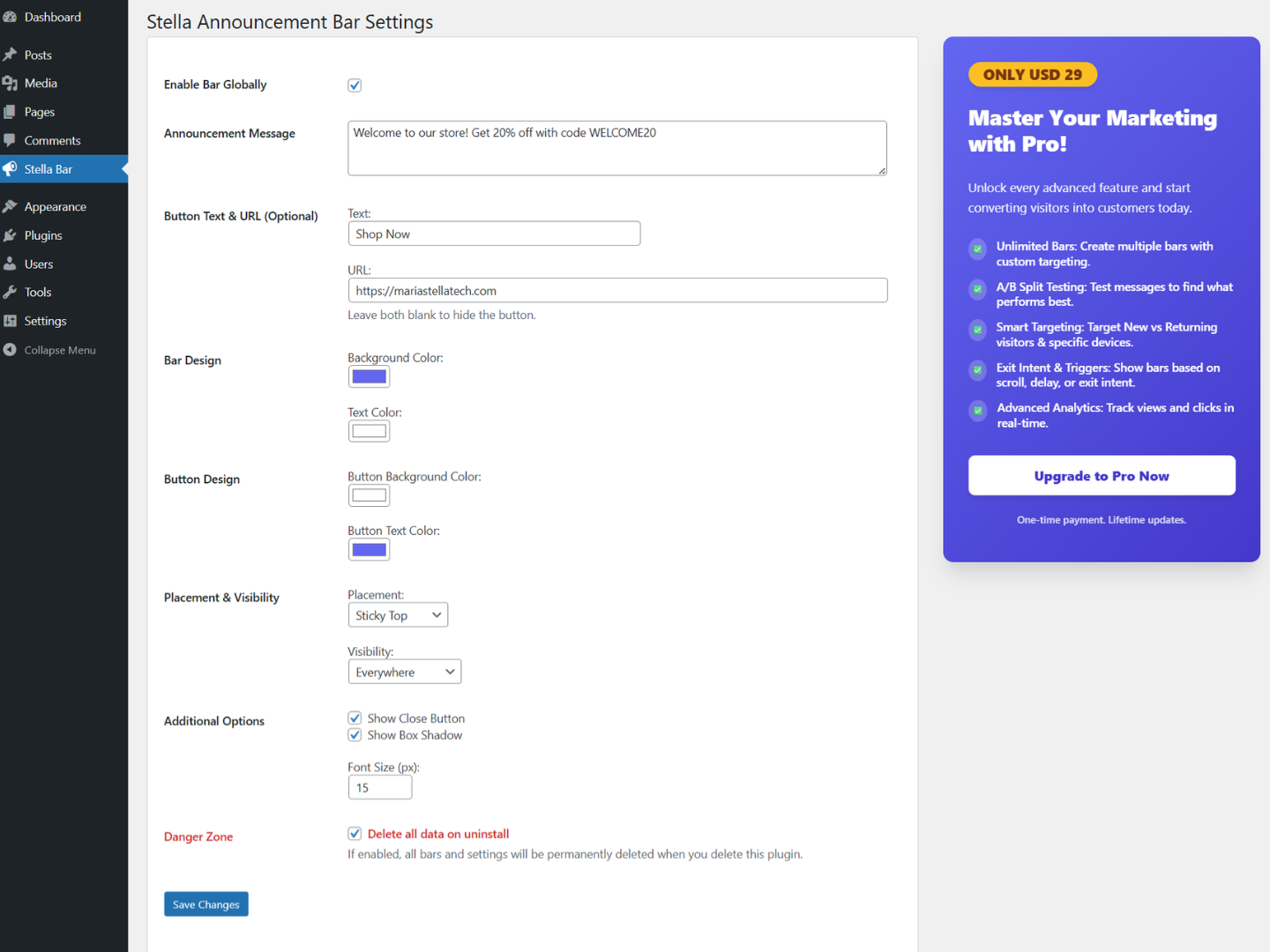 Simple admin settings page.