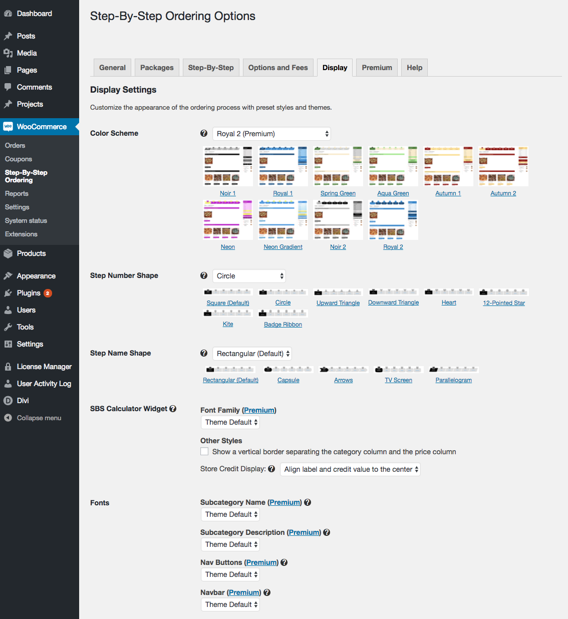 Premium users can choose from our premade color schemes, navbar shapes, fonts, and labels.