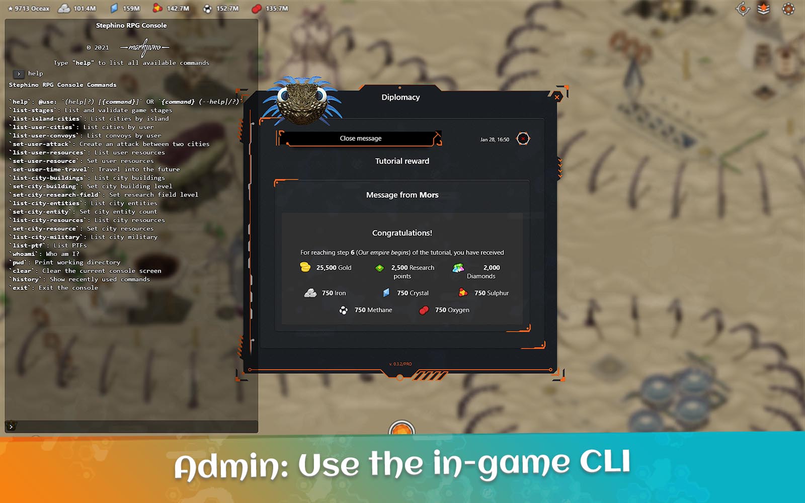 Use **Alt+Ctrl+C** to enable the in-game console and perform administrative tasks