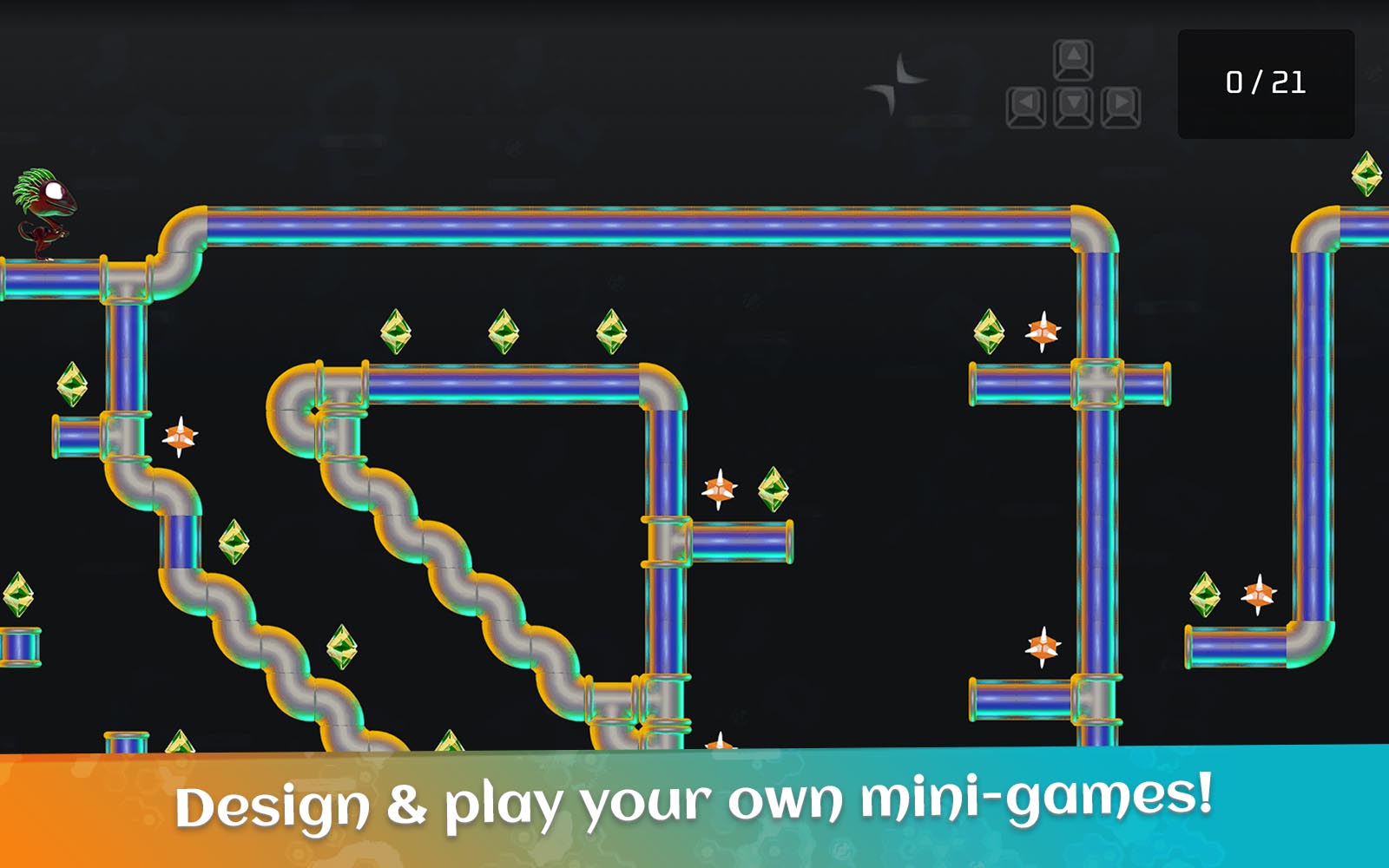 Earn gems by designing and playing platformer mini-games in the game arena