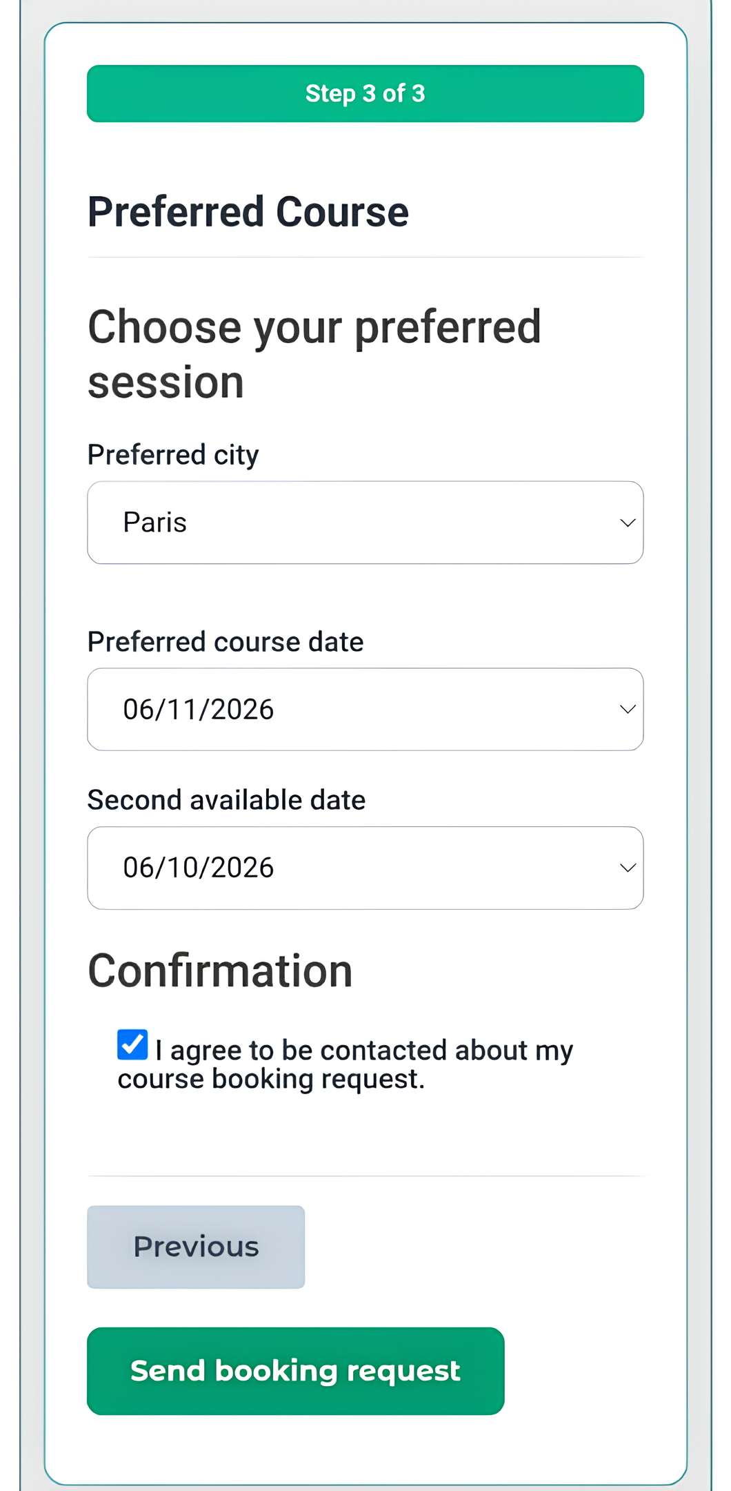 Mobile responsive multi-step form view showing the final step, Previous navigation, and submit button.