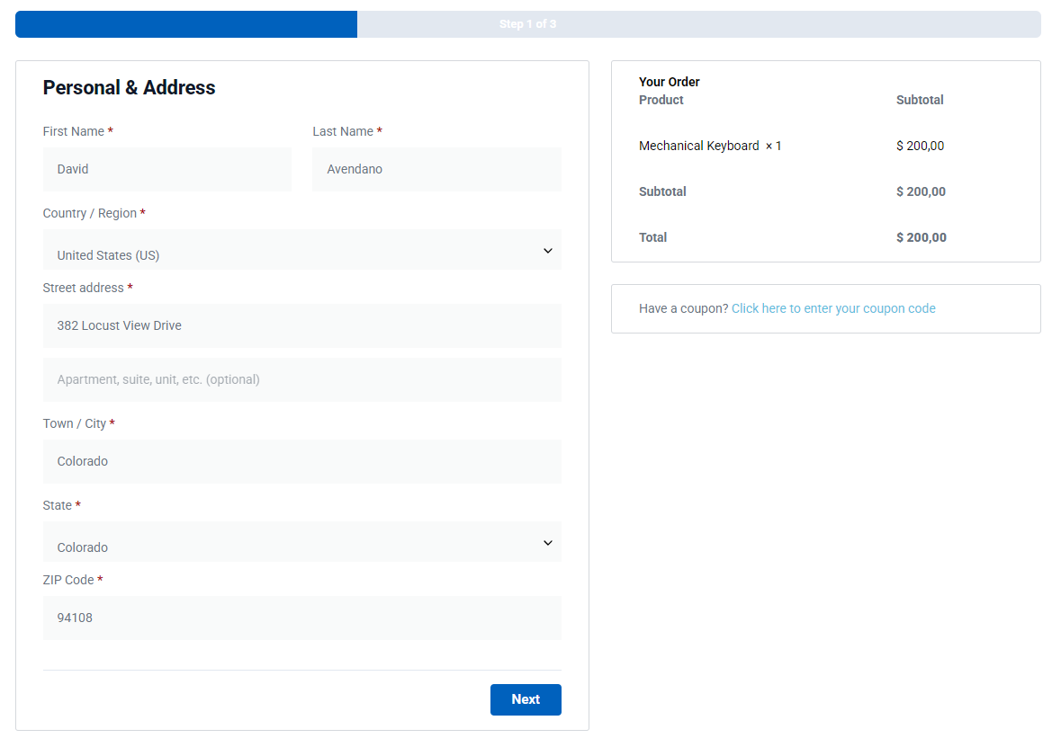 Frontend WooCommerce multi-step checkout showing the classic checkout split into steps with bar progress and Previous and Next navigation.