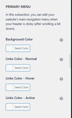 This shows you the Primary Menu setting section in the customizer.