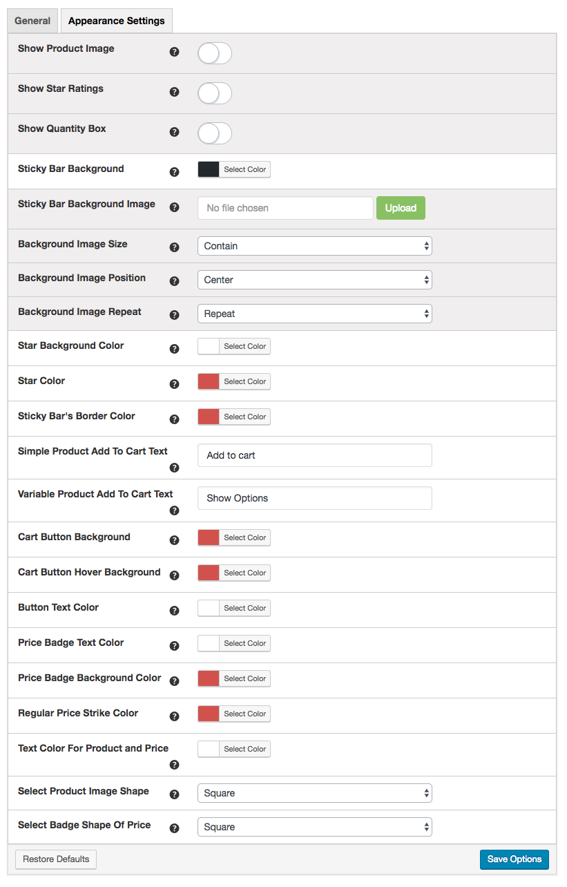 Sticky add to cart admin settings 1.