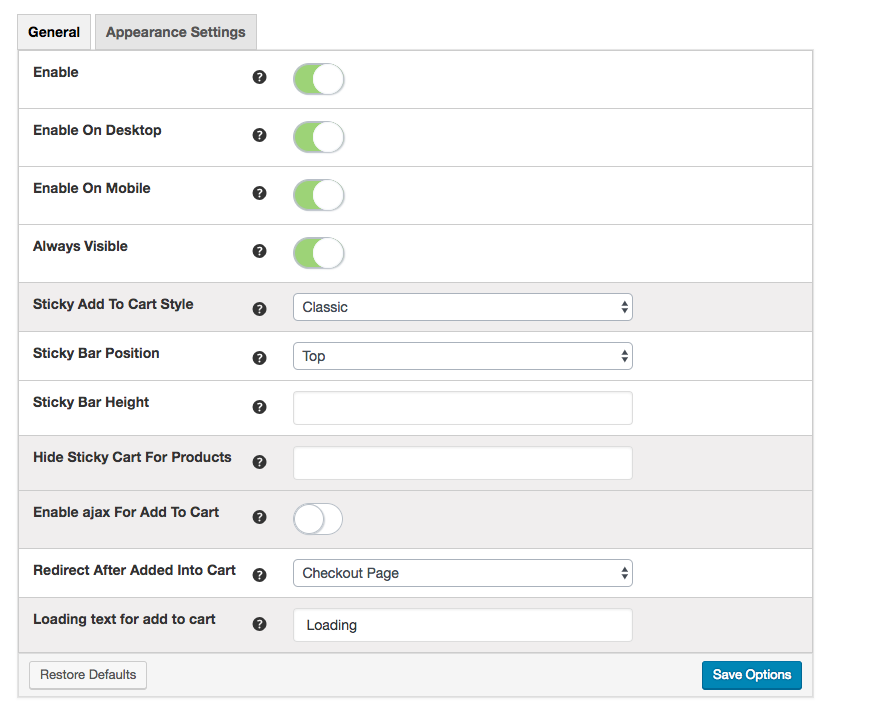 Sticky add to cart admin settings 2.