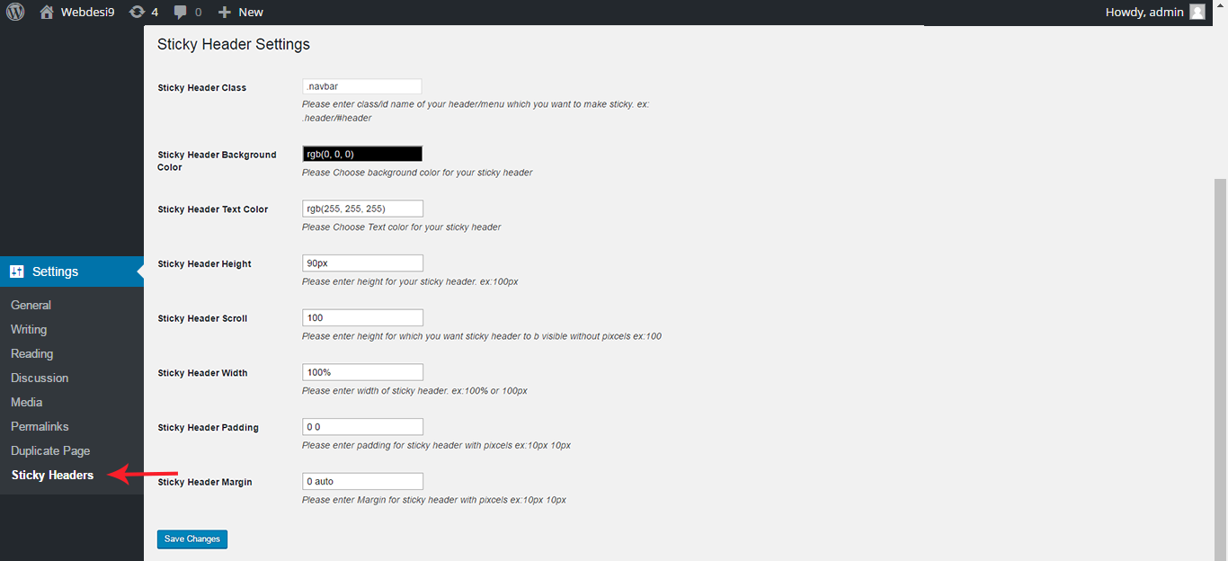 Sticky Headers Settings Page.