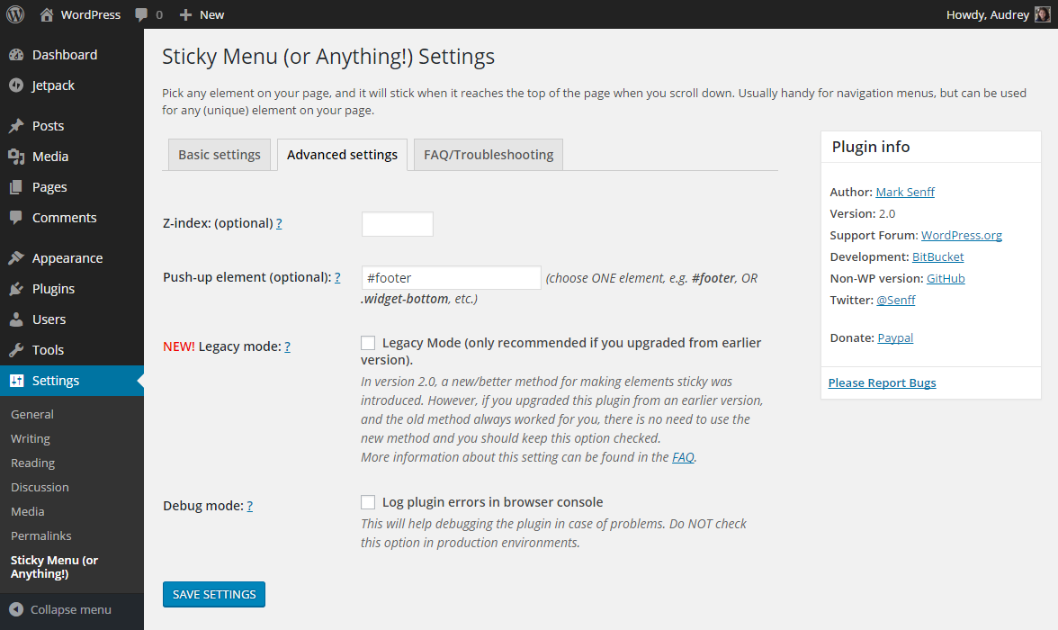 Advanced Sticky Menu Settings screen