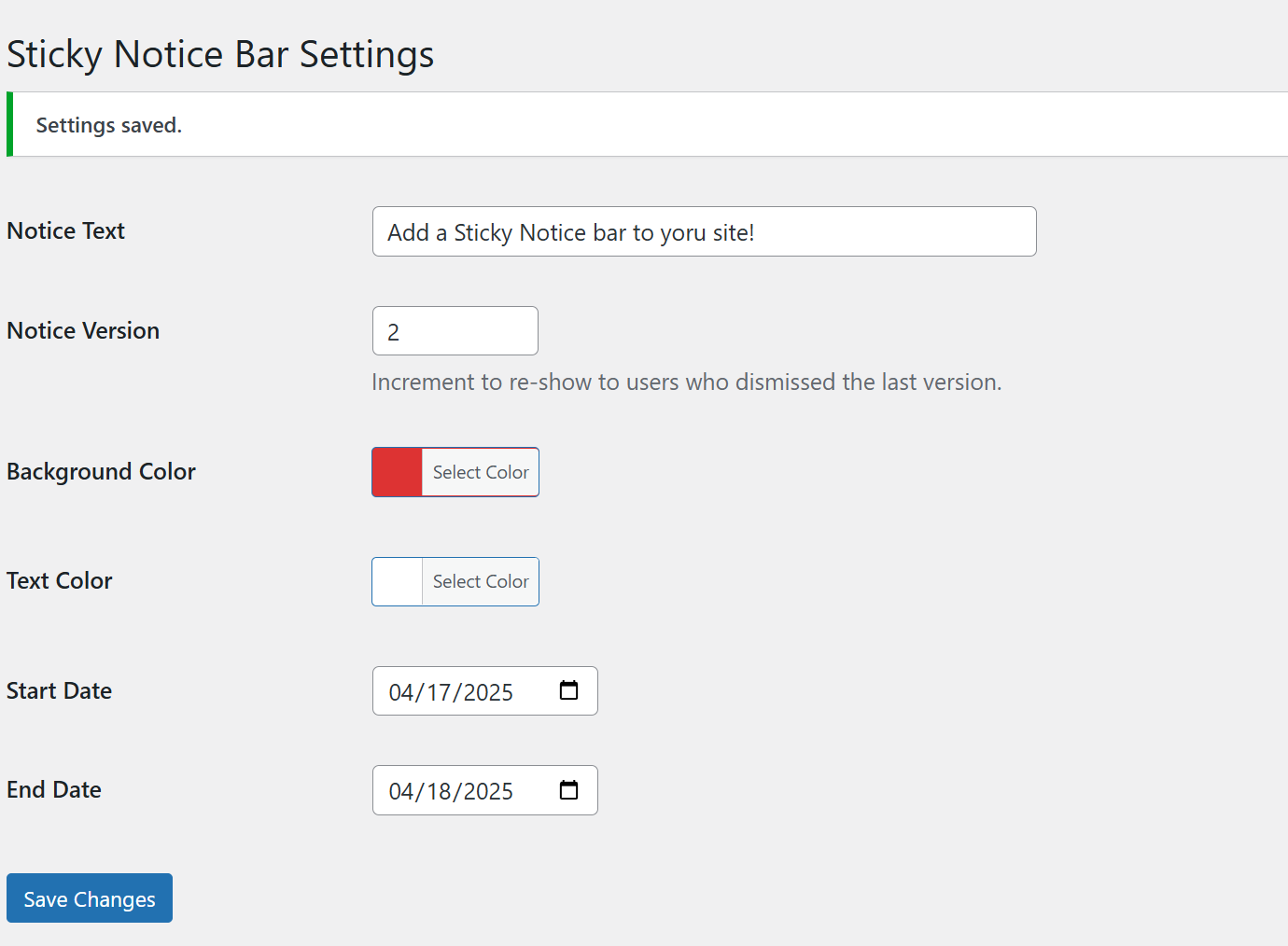 Settings screen with color pickers and version field