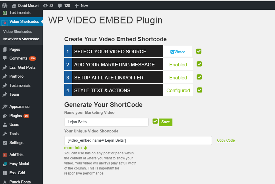 Create video shortcode screen final stage.