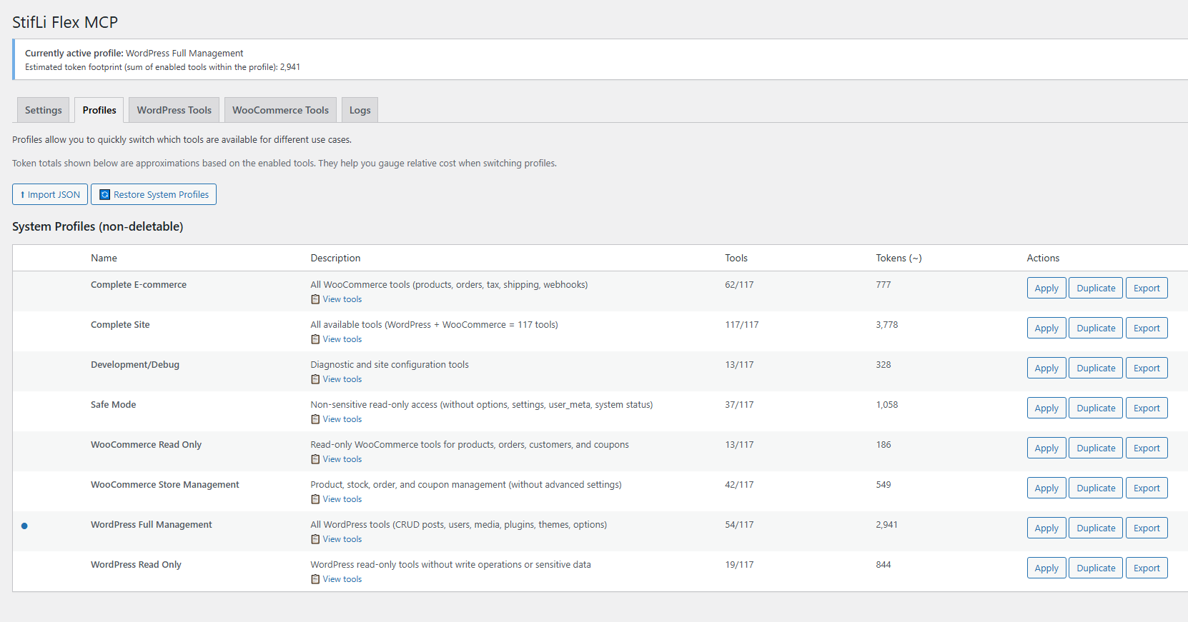 Profiles tab - Manage tool configurations