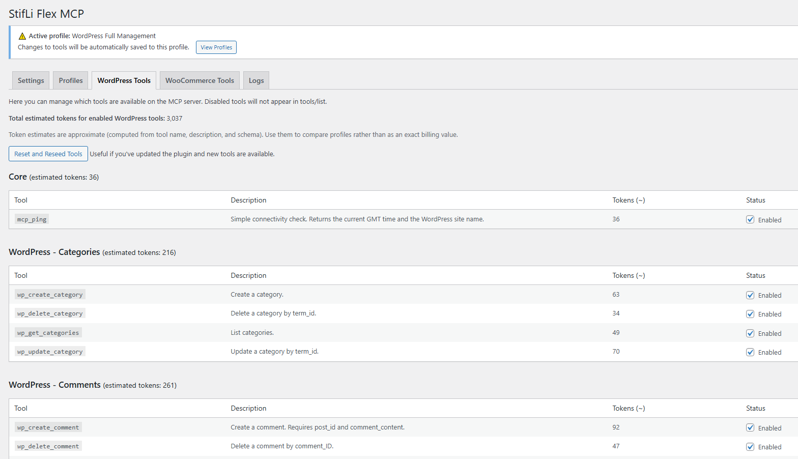 WordPress Tools tab - Enable/disable WordPress tools