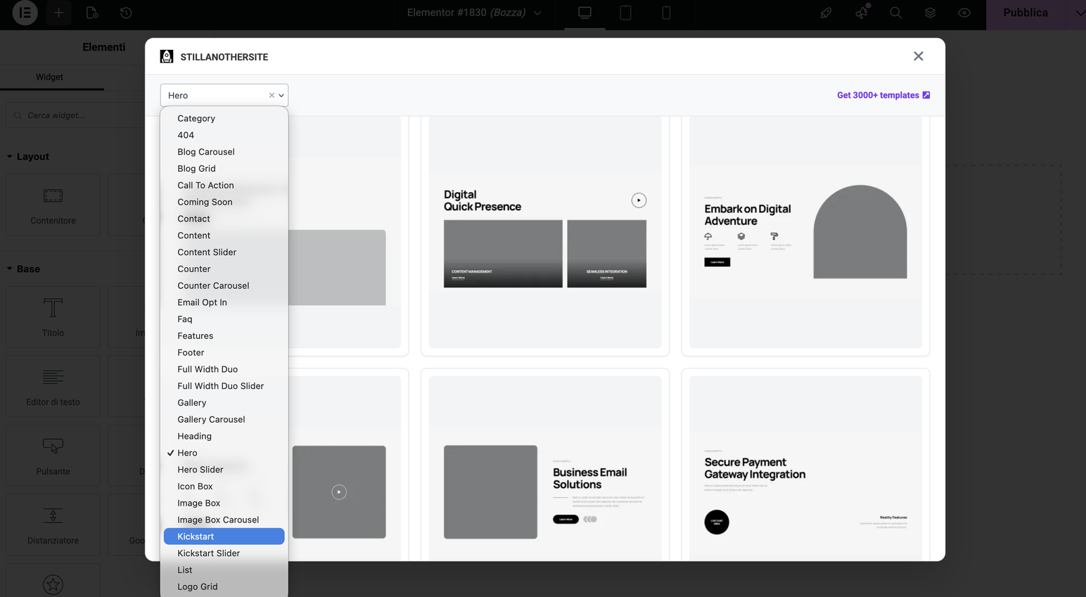 Browse 30+ categories of design blocks: hero, CTA, testimonials, pricing, gallery, and more.
