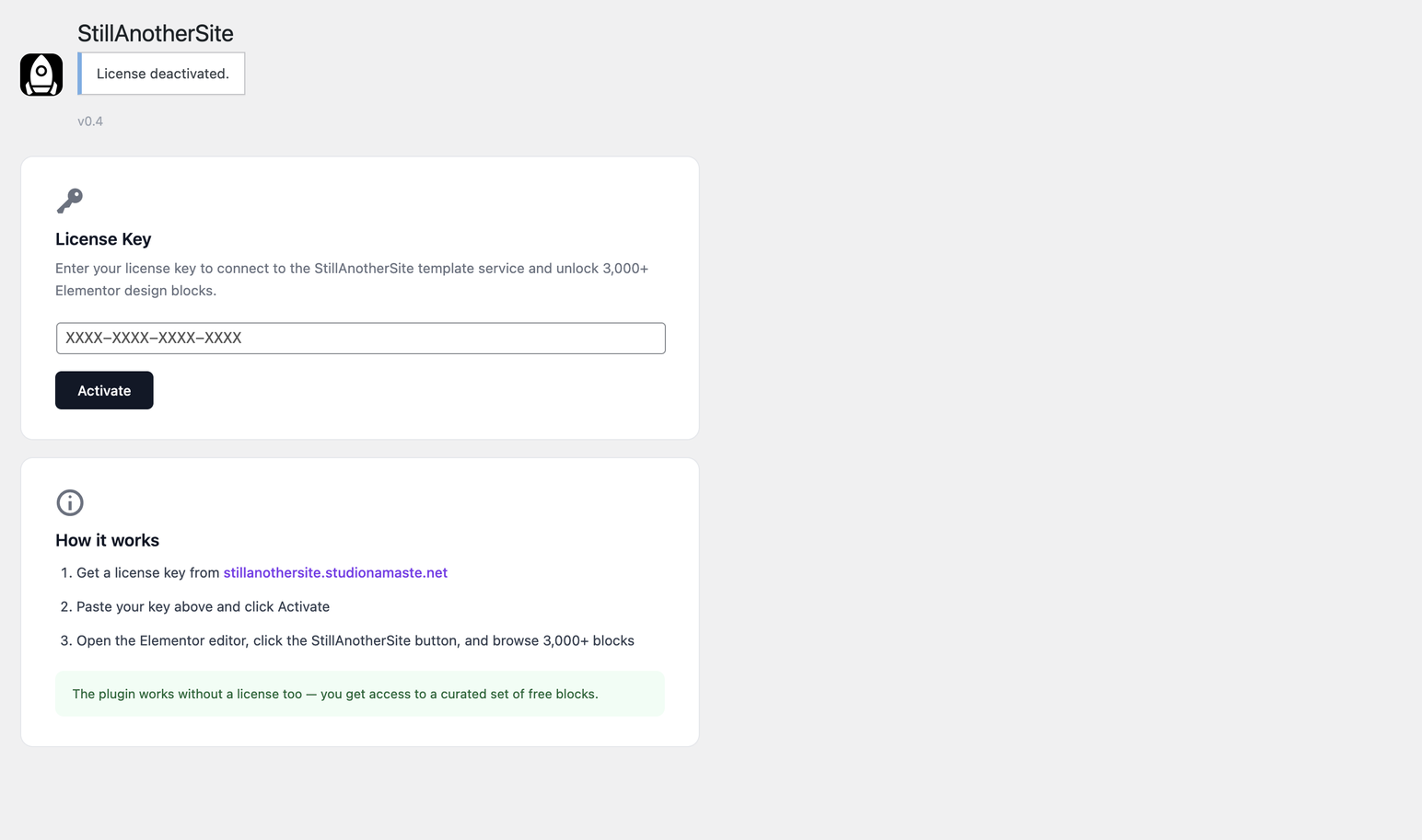 License key management in the WordPress Settings page (Settings → StillAnotherSite).