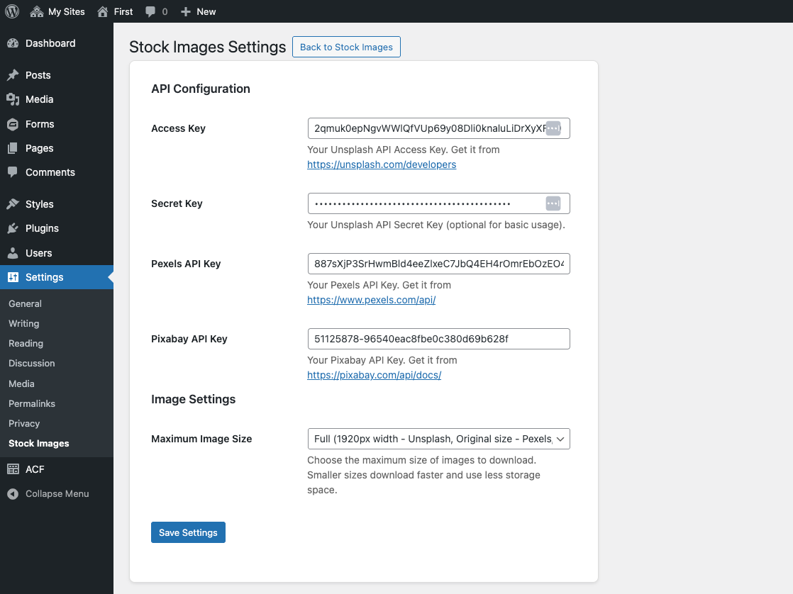 Settings page for API configuration
