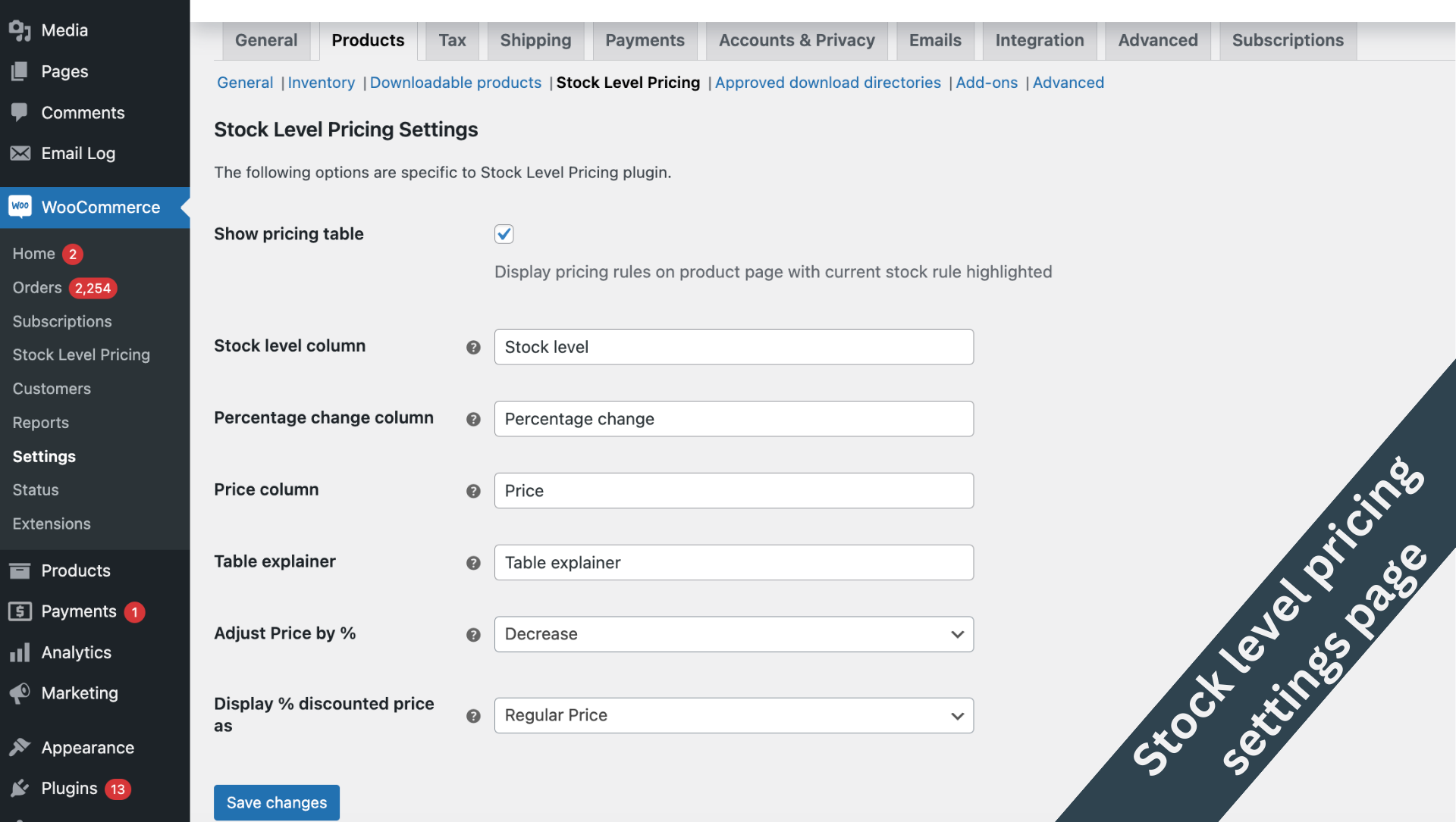 Customize pricing table and other settings