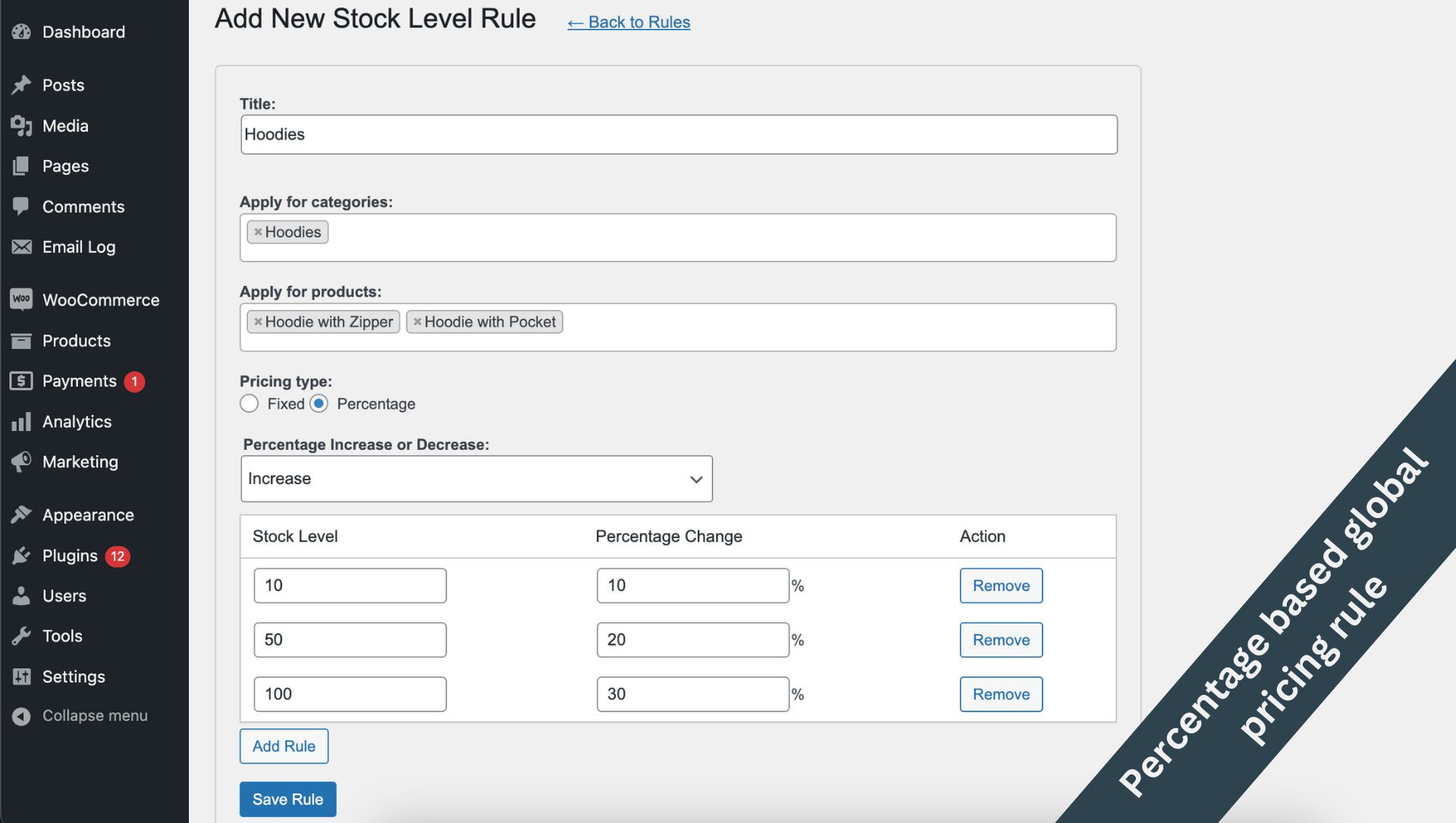 Global stock level pricing rule - Percentage discount