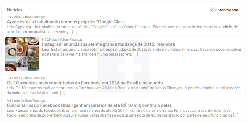 Example of stock market news with images and description, in Portuguese.