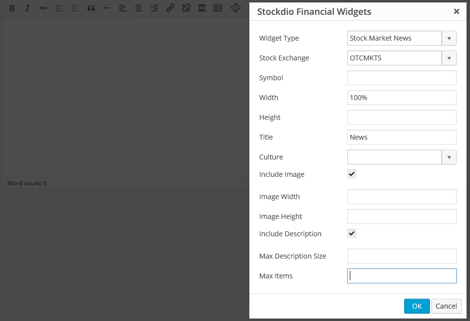 Stock Market News widget dialog.