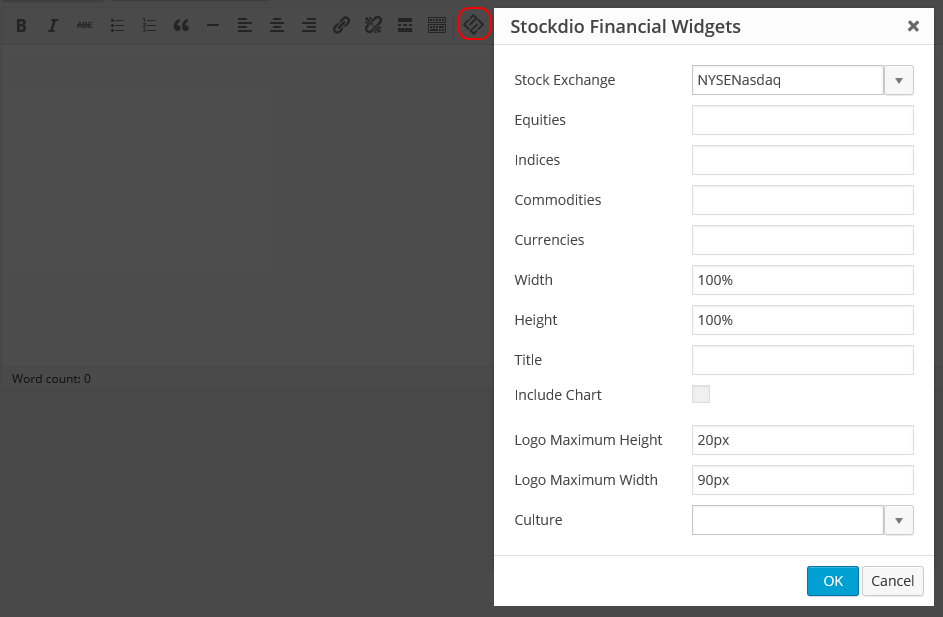 Stockdio toolbar integration with easy to use dialog.