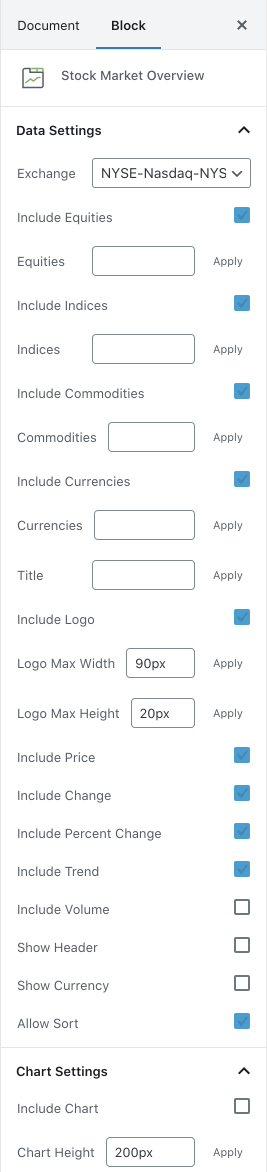 Stock Market Overview block sidebar settings.