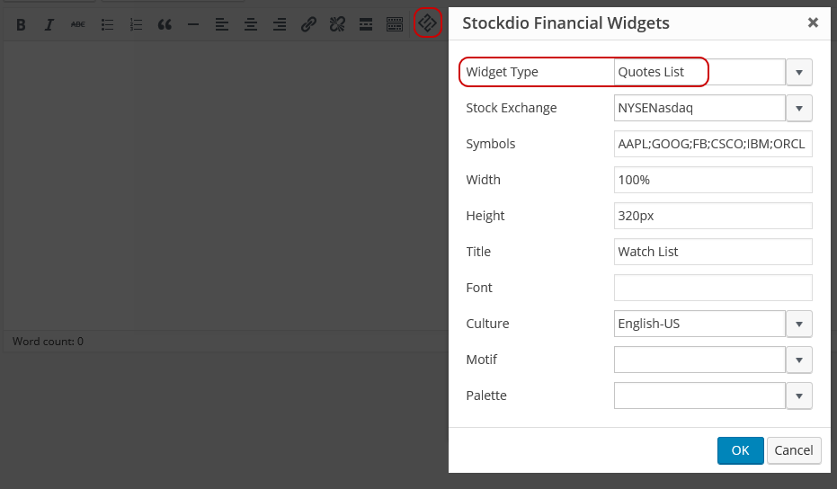 Stockdio toolbar integration with easy to use dialog.