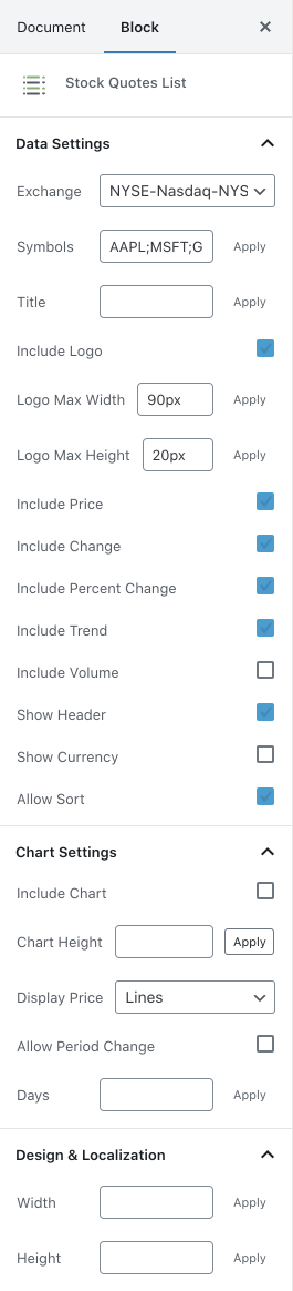 Stock Quotes List block sidebar settings.