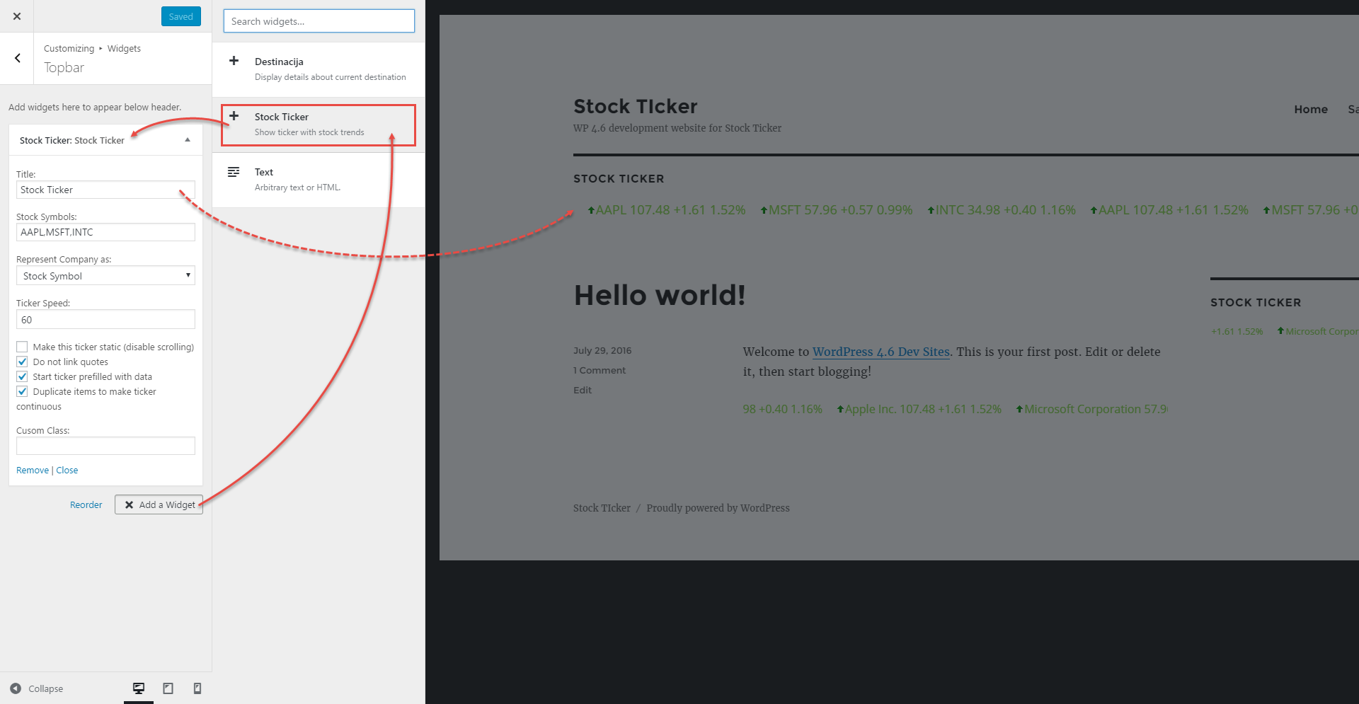 Stock ticker in Customizer > top Widgets top