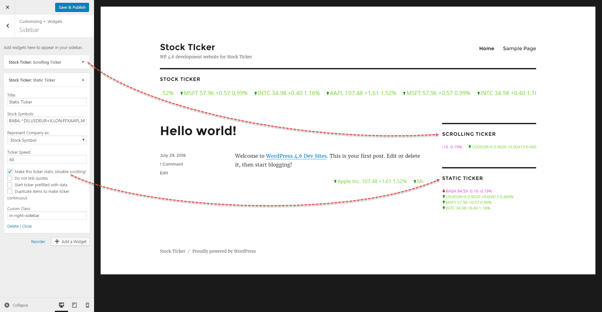 Stock ticker in Customizer > sidebar Widgets