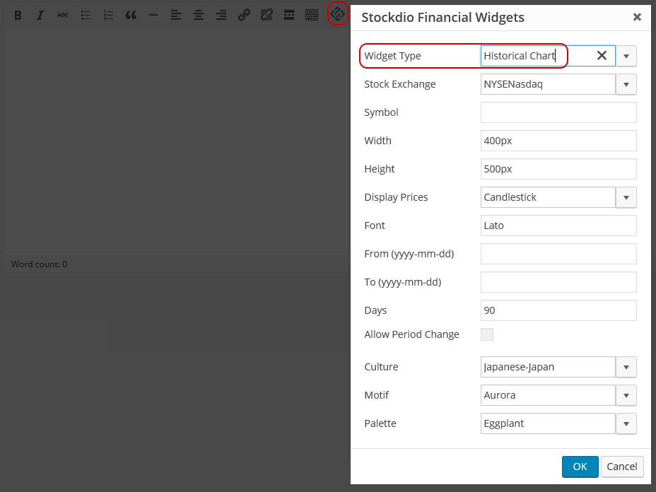 Stockdio toolbar integration with easy to use dialog.