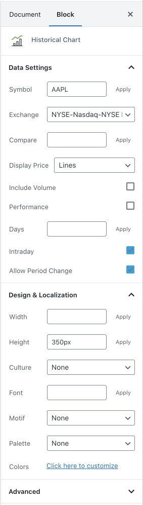 Stock Prices Chart block sidebar settings.