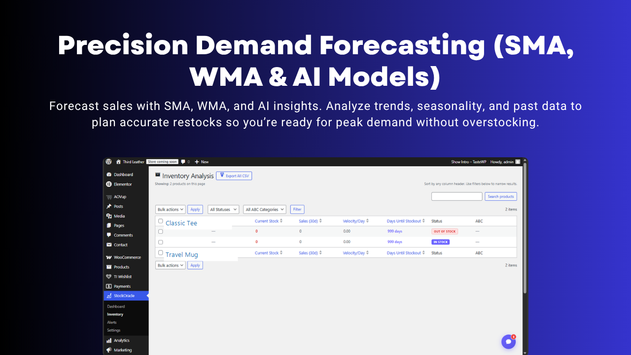 Precision demand forecasting with SMA, WMA, and AI models.