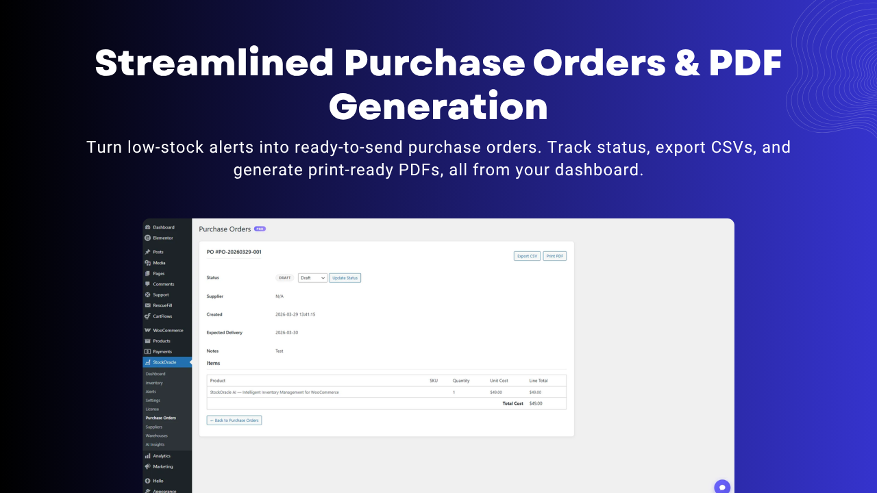 Streamlined purchase orders and PDF generation in StockOracle AI Pro.