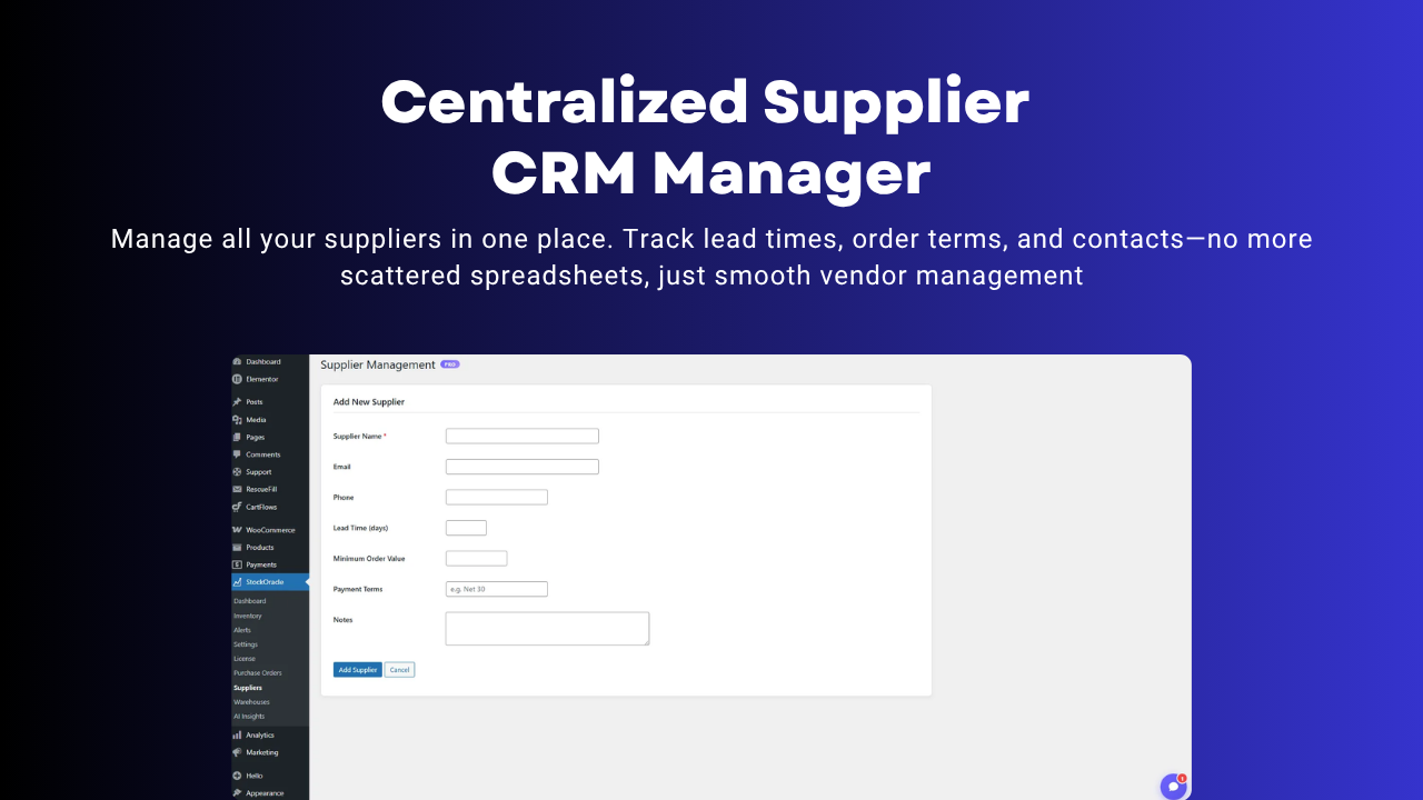 Centralized supplier CRM manager in StockOracle AI Pro.