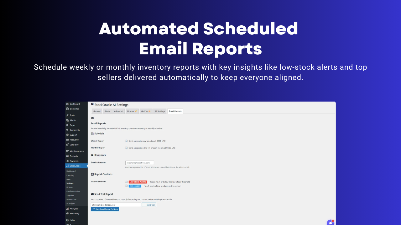 Automated scheduled email reports in StockOracle AI Pro.