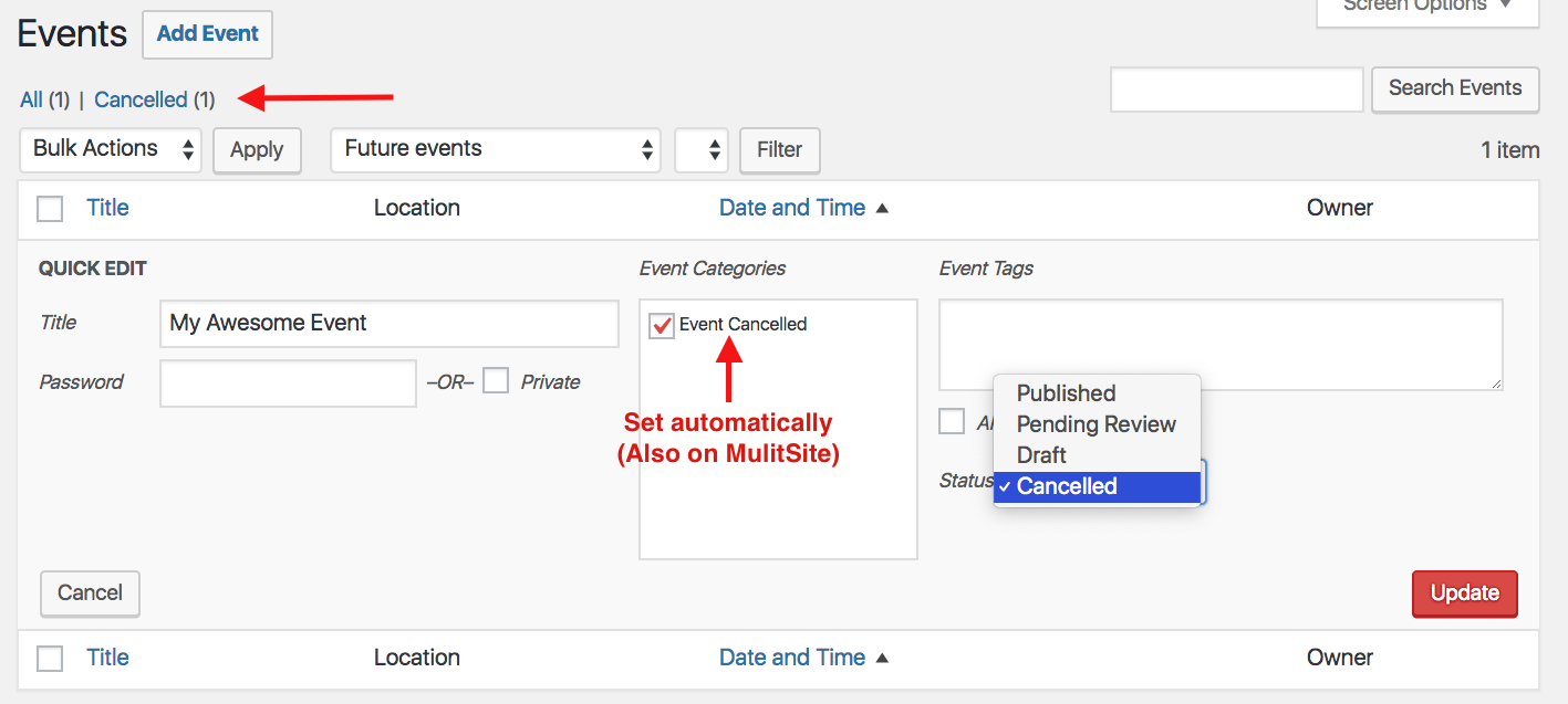 Cancel your event easily in Quick Edit.