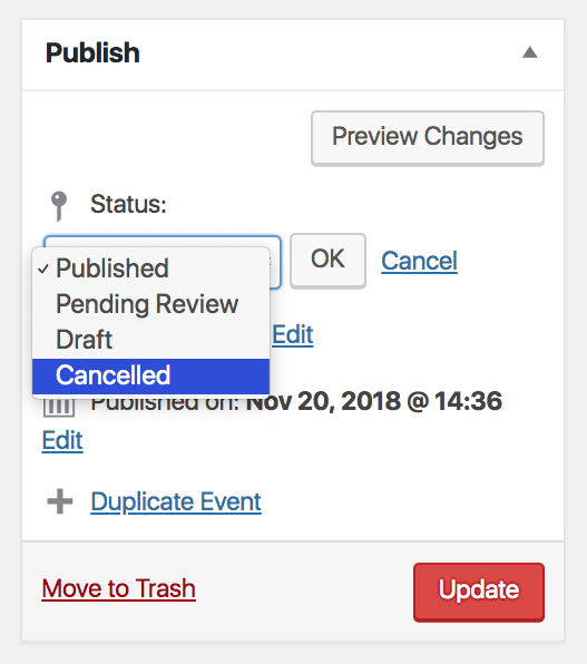 Cancel your event in the Event Edit Page.