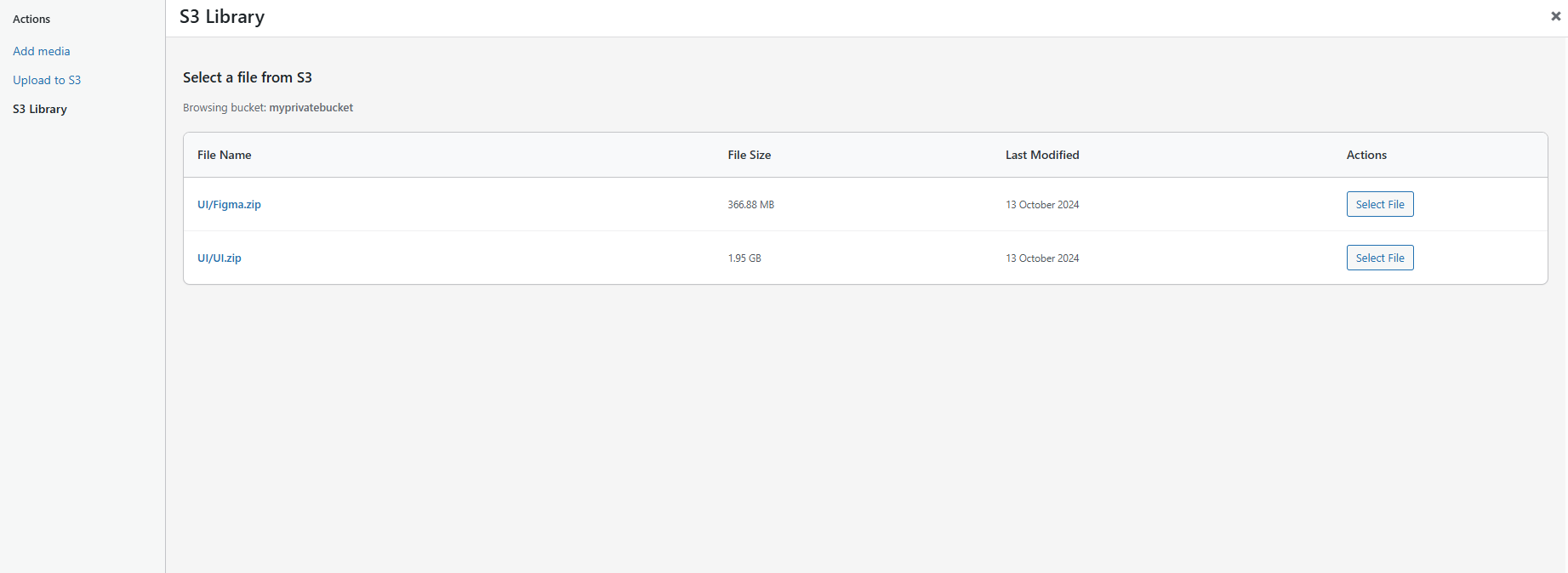 File selection from S3 storage section