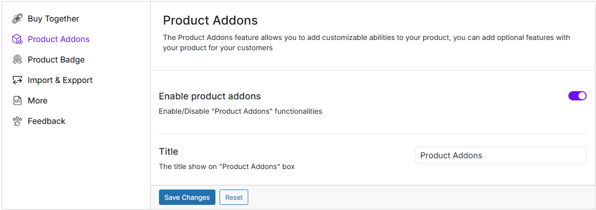 Product Addons Settings page.