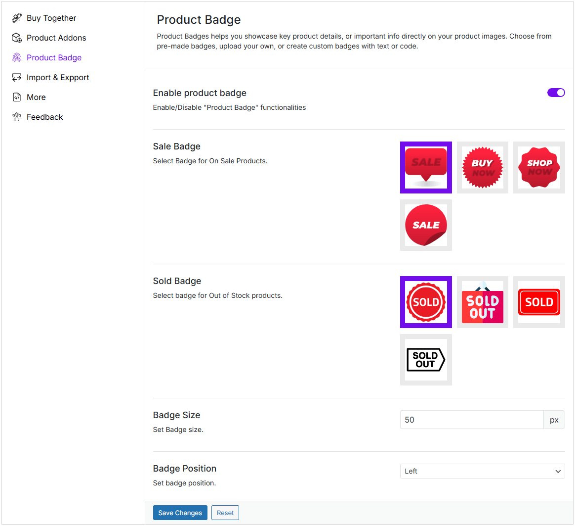 Product Badge Settings page.