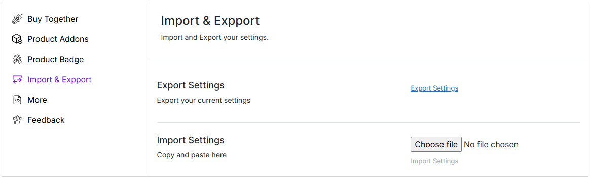 Omport Export Settings page.