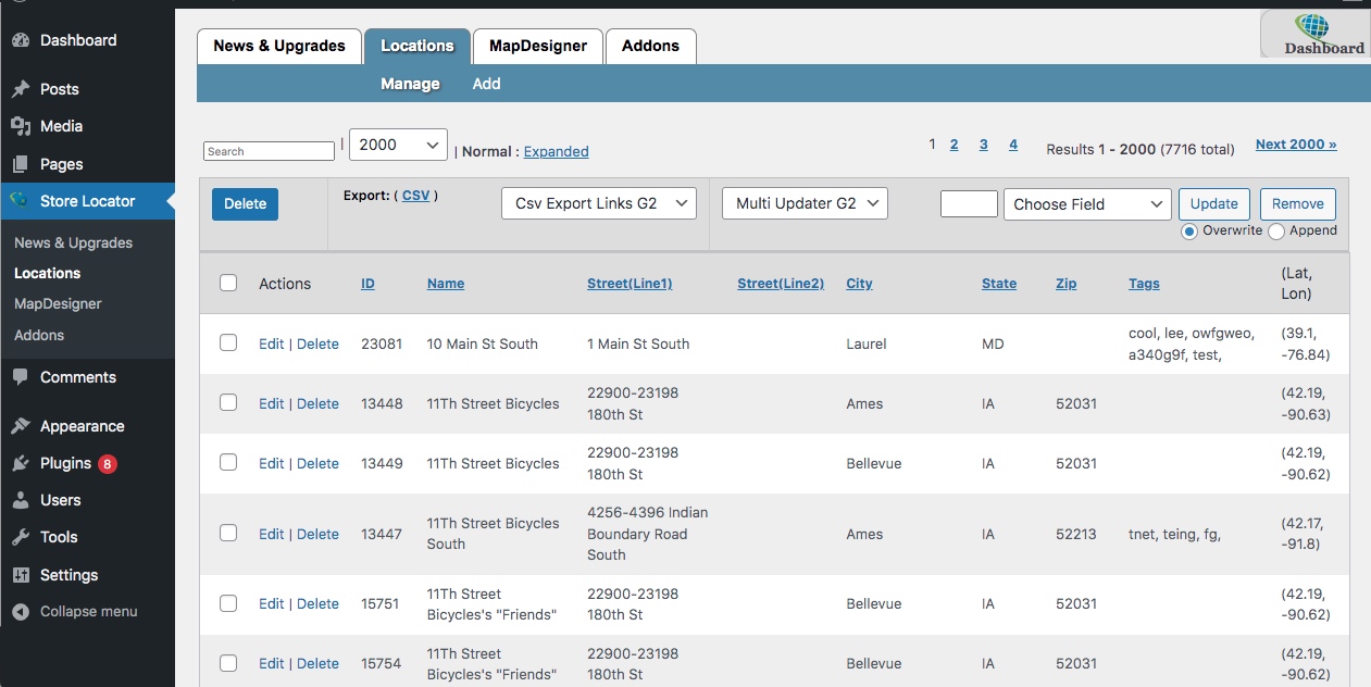 Manage Locations: Easily Manage a Few or Many Locations, Sortable by Name, City, etc.