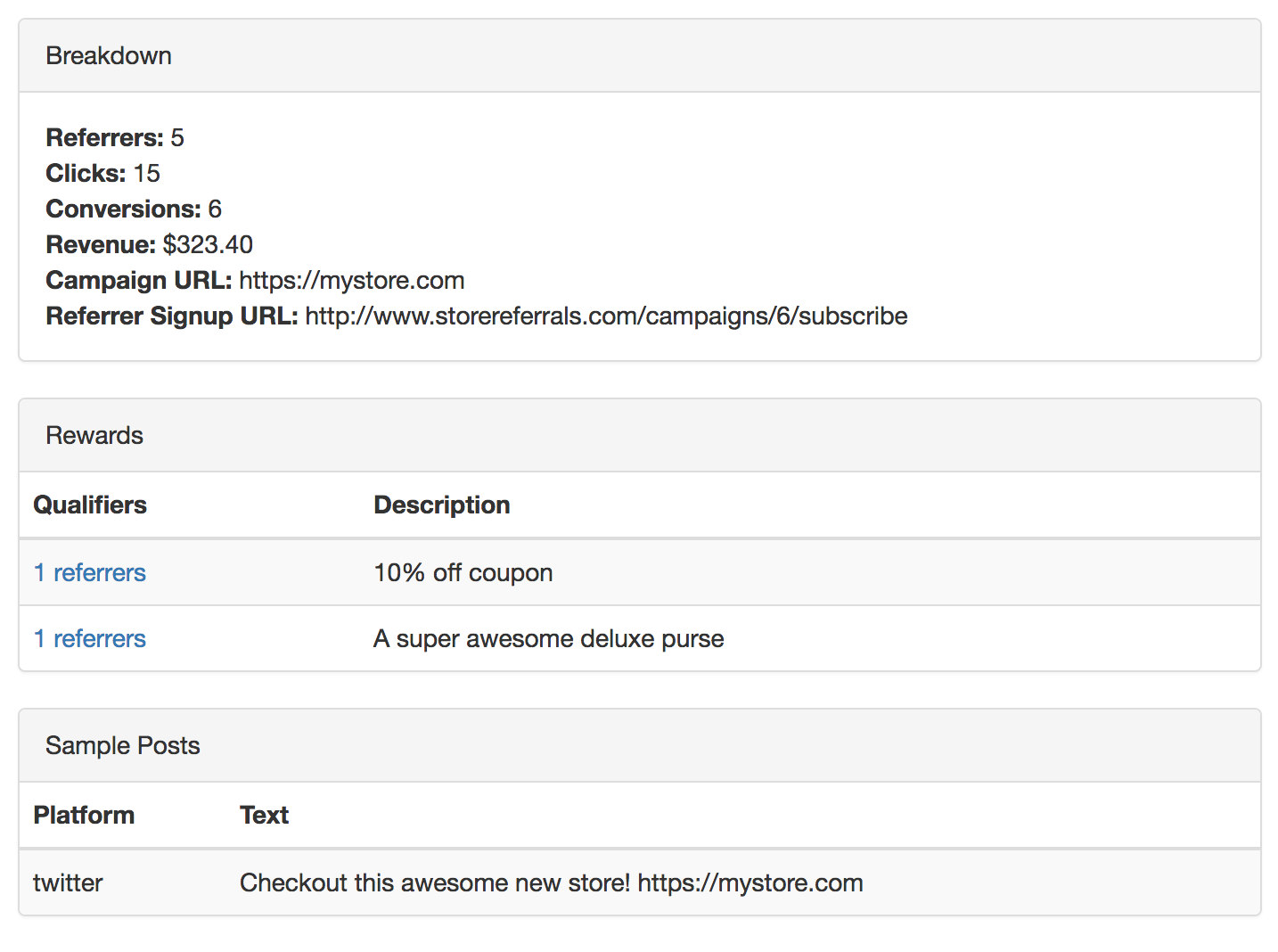 See campaign totals as well as export lists of referrers who qualify for rewards.