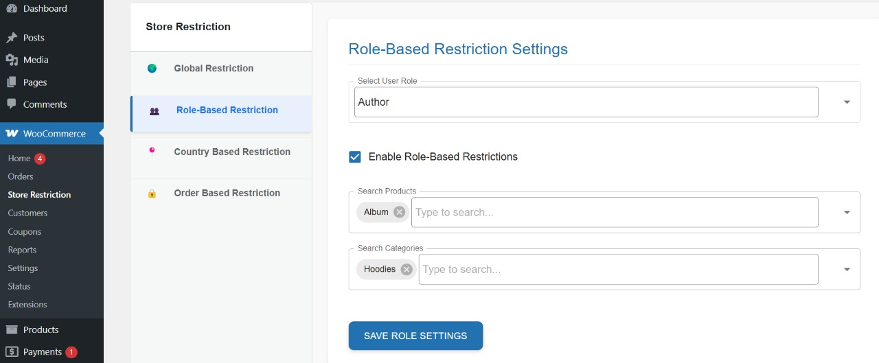 Role‑based restriction settings with product/category selectors