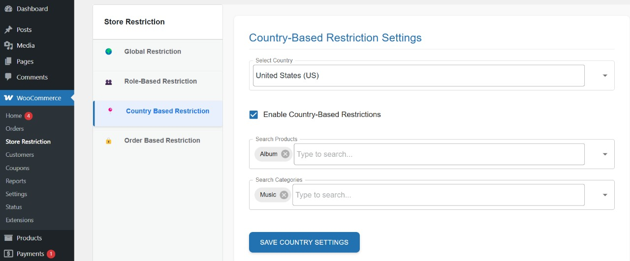 Country‑based restriction settings