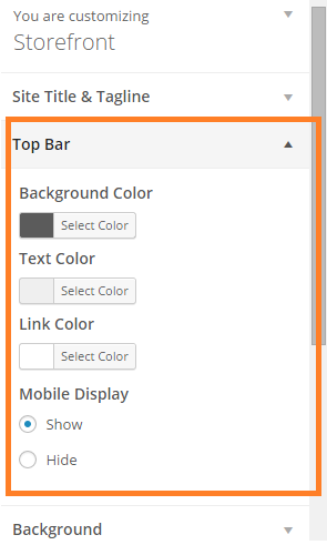 Top bar section added on the Customize page under Appearance.