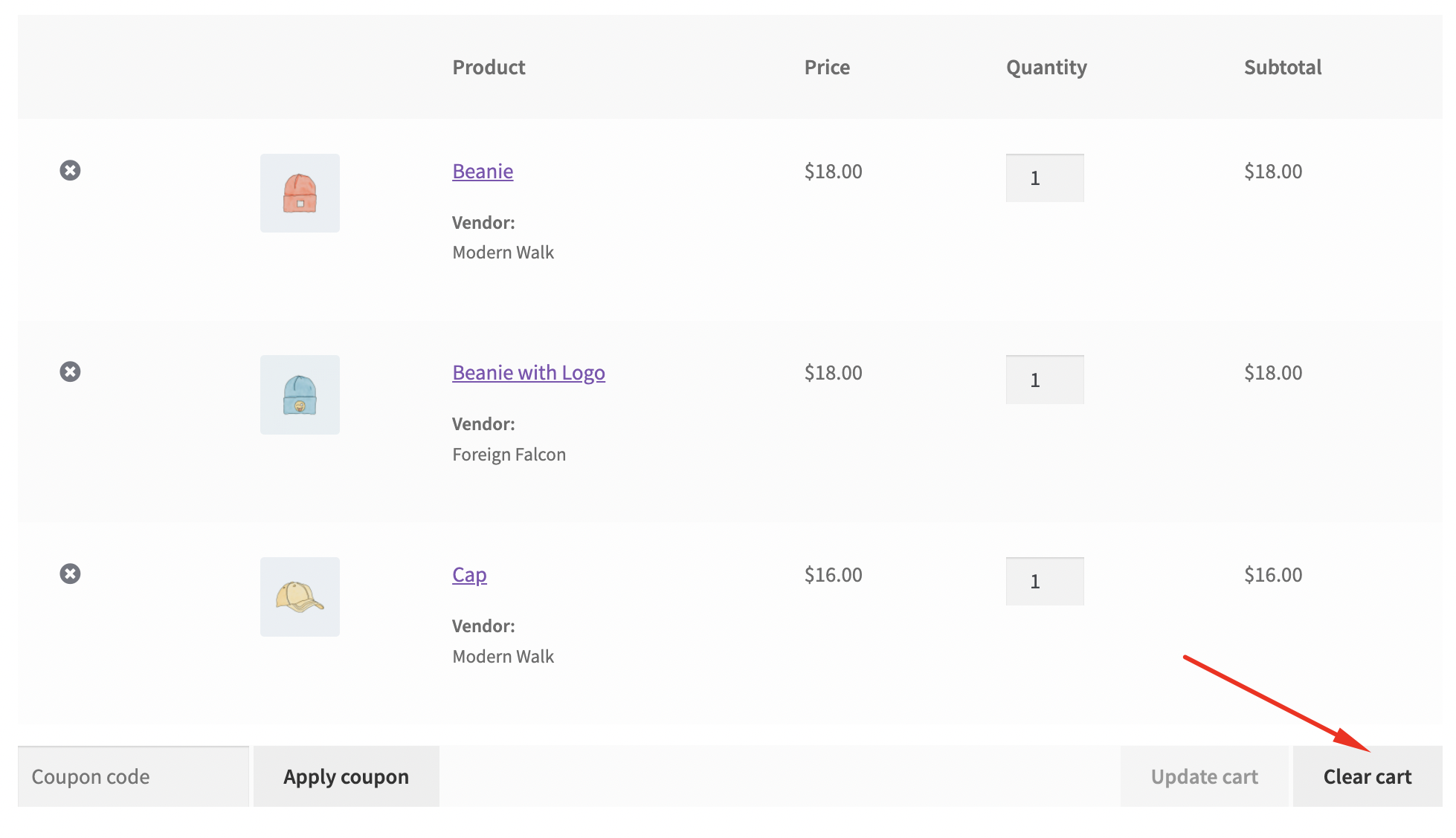 Empty/Clear Cart button